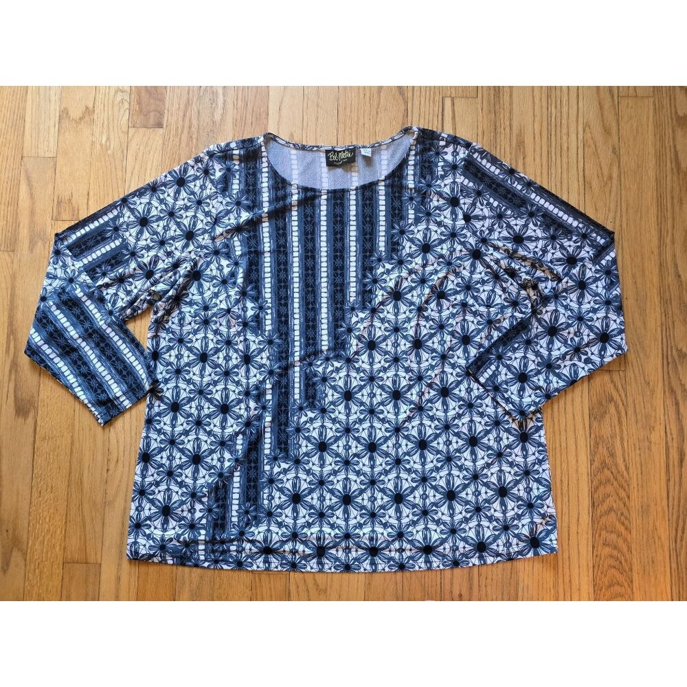 Bob Mackie Wearable Art Womens 1X Floral Long Sleeve Top Blue & White